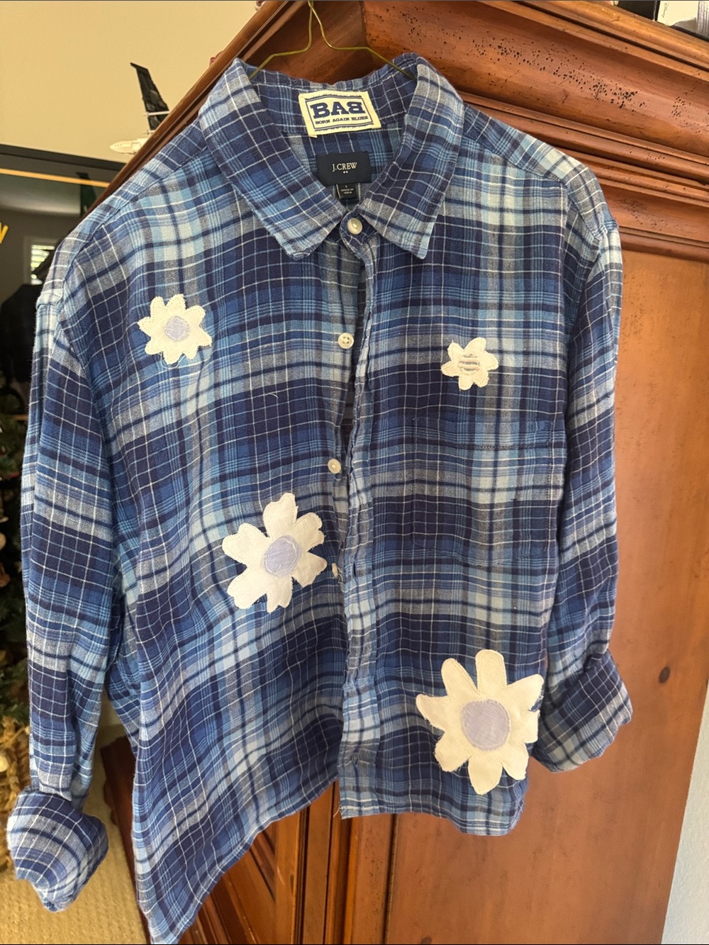 J. Crew Blue Plaid Button-Down Shirt with Daisy Appliqués